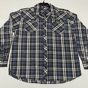 Affliction Mens 2X Black Gray Plaid Button Down